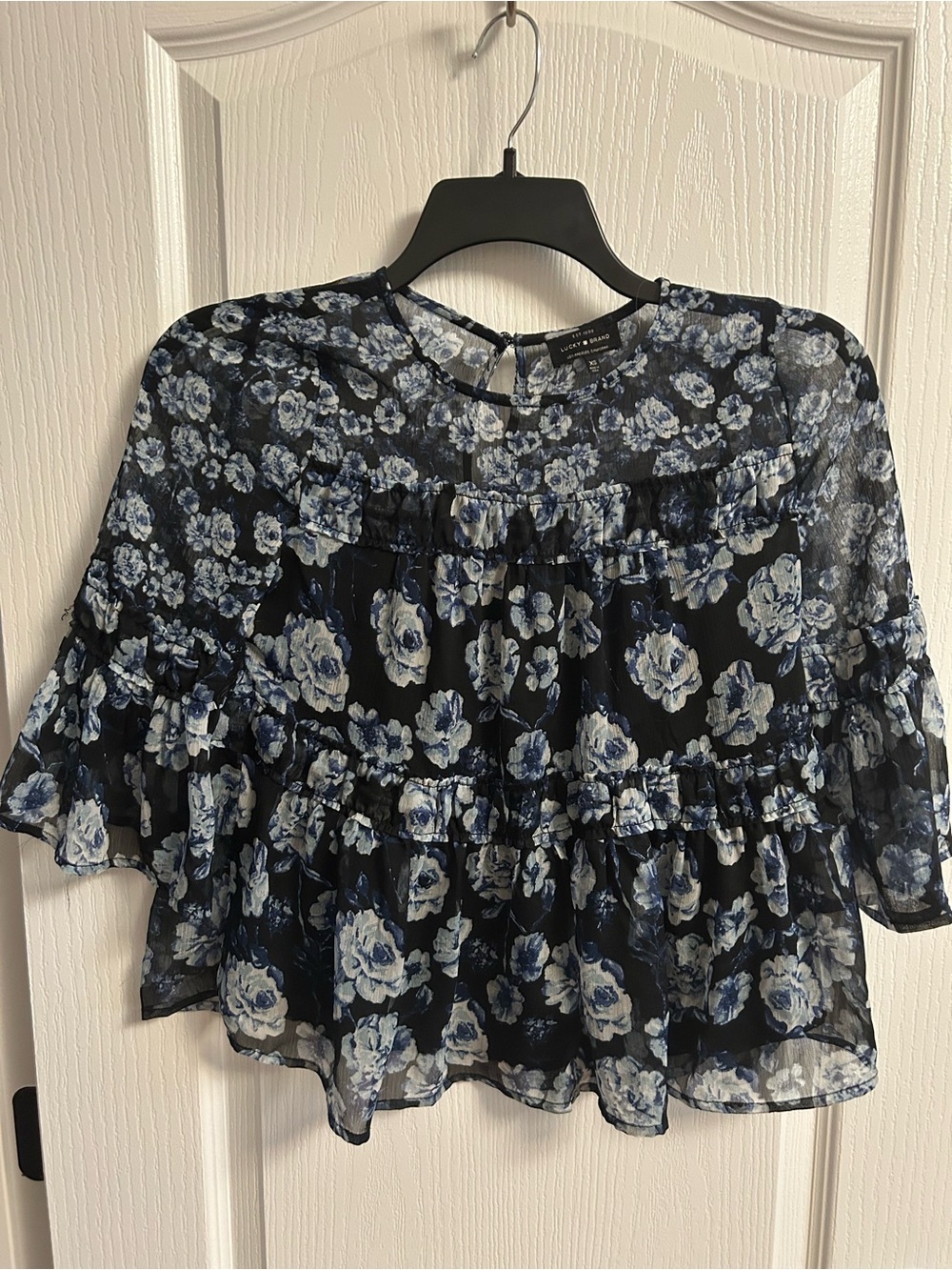 Lucky Brand Black Sheer Floral Ruffle Blouse with Blue Roses